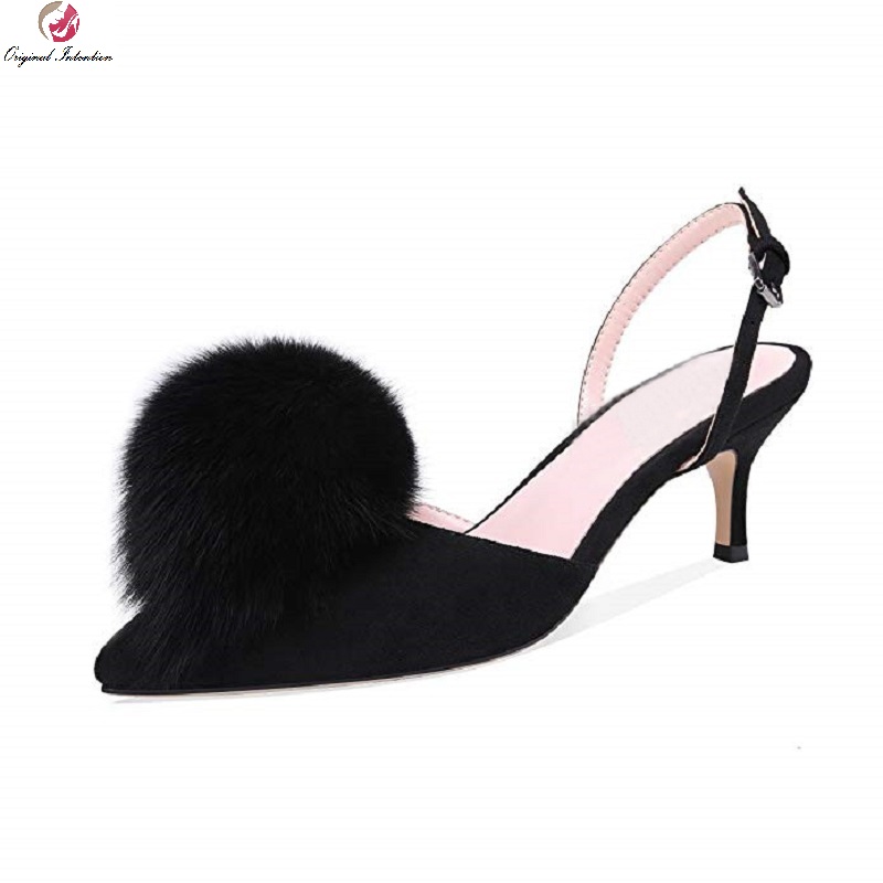 

Women Pointed Toe High Heels Sandals Flock Thin Heels Ankle Strap Buckle Strap Black Casual Party Woman Sandals Large Size 35-43, Ef8512 black