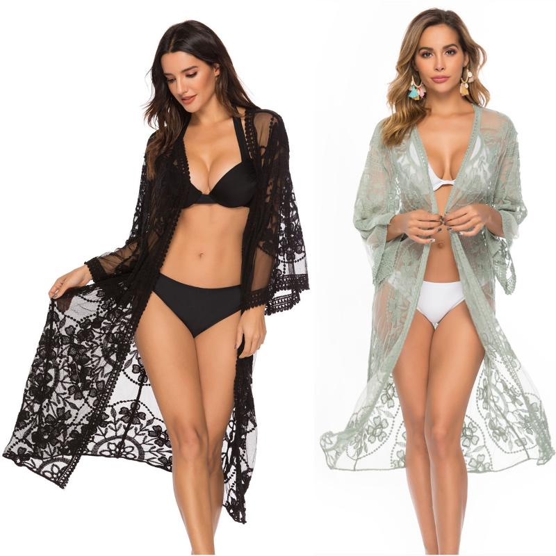 

Beach Cardigan Bathing Bikini Cover Up Women Summer Plus Size Sexy Elegant Mesh Lace Swimwear Beachwear Female Kaftan Robe Tunic