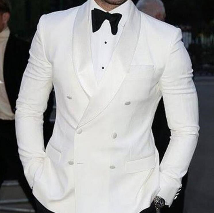 

White Business Men Suit Shawl Lapel Double Breasted Custom Made Wedding Groom Tailor Tuxedo 2 pcs(Jacket+Black Pants, Beige