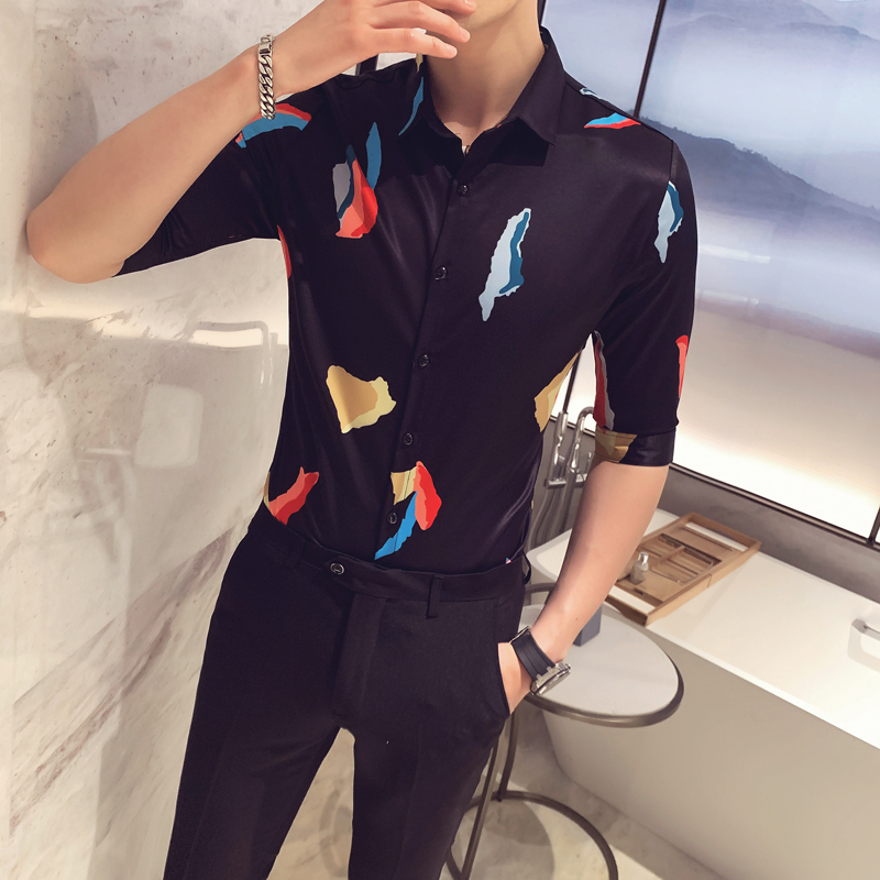 

2020 Summer Men's Print Shirt Casual Streetwear Social Half Sleeve Blouse Fashion Slim Fit Button Men Dress Shirts Chemise Homme, Black