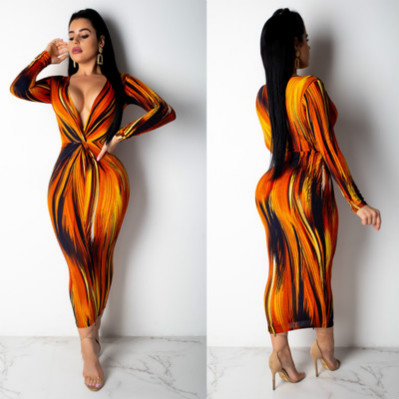 

Women V-neck Dress Fashion Print Long Dresses Women Trend Clothing Sexy Printing Panelled Skirts Ladys Elegant Long Dress Hot Sale, Orange