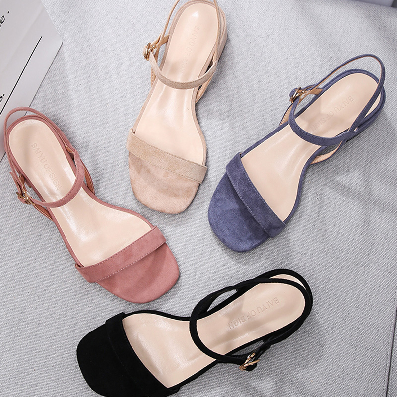 

New 2020 Shoes Woman Solid Sandals Slingbacks Square Heels 3.5cm Chic Flock Slingbacks Causal Female Shoe Wild Fashion Footwear, Black