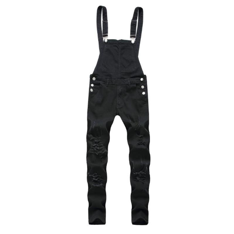 

Two Shoulder Strap Romper Denim Jumpsuit Men Black Plus Size High Street Ripped Jeans Long Pants Bib Overalls Suspender Pants