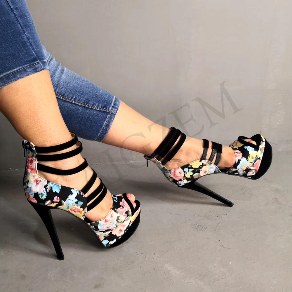 

LAIGZEM Ankle Strap Women Sandals Peep Toe Back Zipper Heels Sandals Flowers Faux Suede Summer Female Ladies Shoes Woman Big Size 34-52, Black