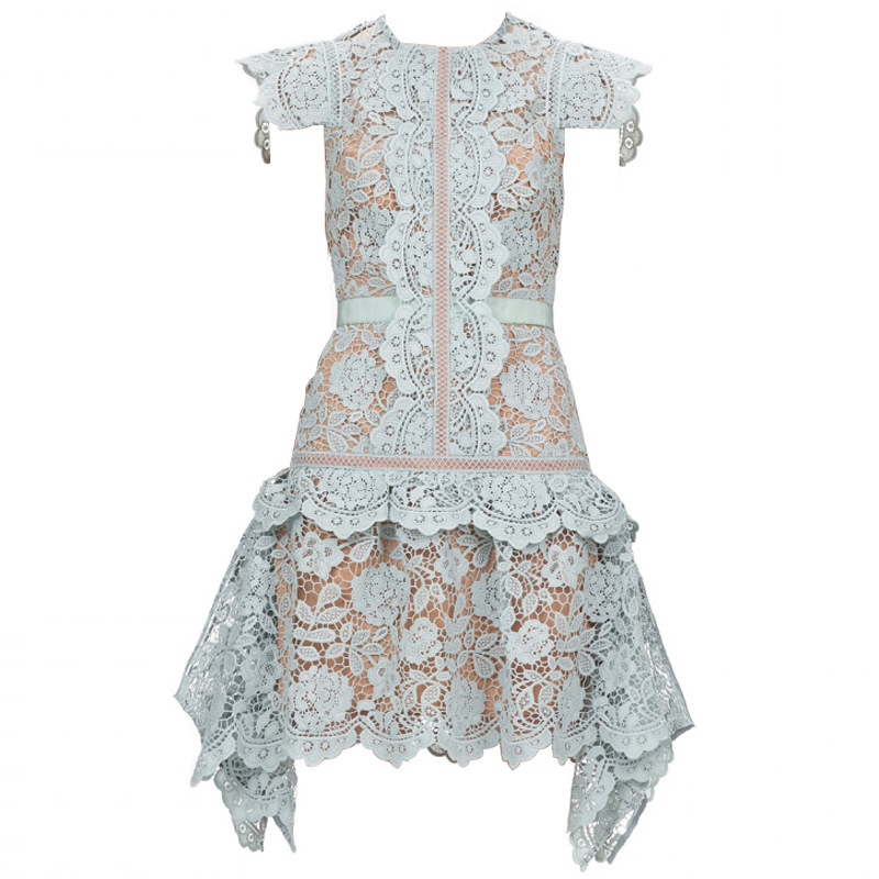

2020 New Arrive High Quality Light Blue Lace Dress Hollow Out Patchwork Female Short Dress, Sky blue