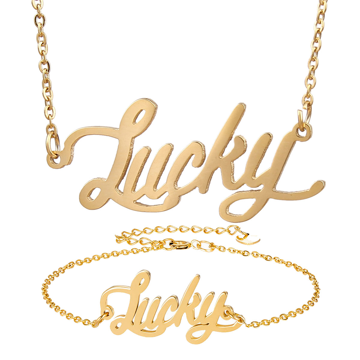 

Gold Plated Stainless Steel Name Necklace + Bracelet Set " Lucky " Script Letter Gold Choker Chain Necklace Pendant Nameplate for Women Gift, Silver