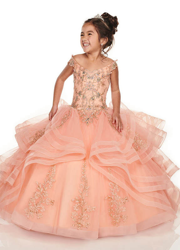 

Toddler Girl's Pageant Dresses Applique Beaded Capped Off Shoulder Flower Girls' Dress Lace Up Back Ruffles Birthday Party Gowns, Orange