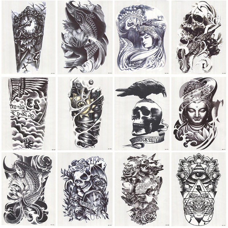 12 feuilles imperméables 3D bras manches maquillage tatouages ​​temporaires autocollant hommes femmes flash tatouages arts du corps maillot de ba