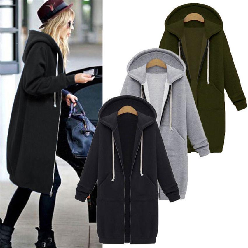 

Autumn Winter Coat Women Fashion Casual Long Zipper Hooded Jacket Hoodie Sweatshirt Vintage Outwear Coat Plus Size, Black