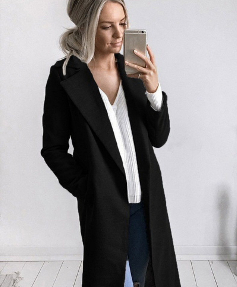

Elegant Solid Slim Long Women Wool Coat Long Pockets Winter Jacket Open Stitch Turn-down Collar Black Cashmere Coat 2018