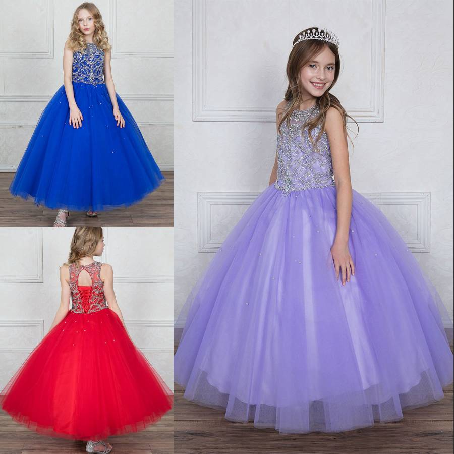 

Princess Girls Pageant Dresses for Kids Ball Gown Wedding Dresses Rhinestone Crystal Sheer Neck Lace-up Back Tulle Puffy Luxury Girls Dress, Champagne
