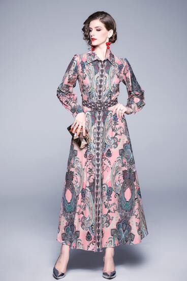 

Explosive European and American Australian lady court style positioning printing long sleeve shirt collar totem dress, Pink