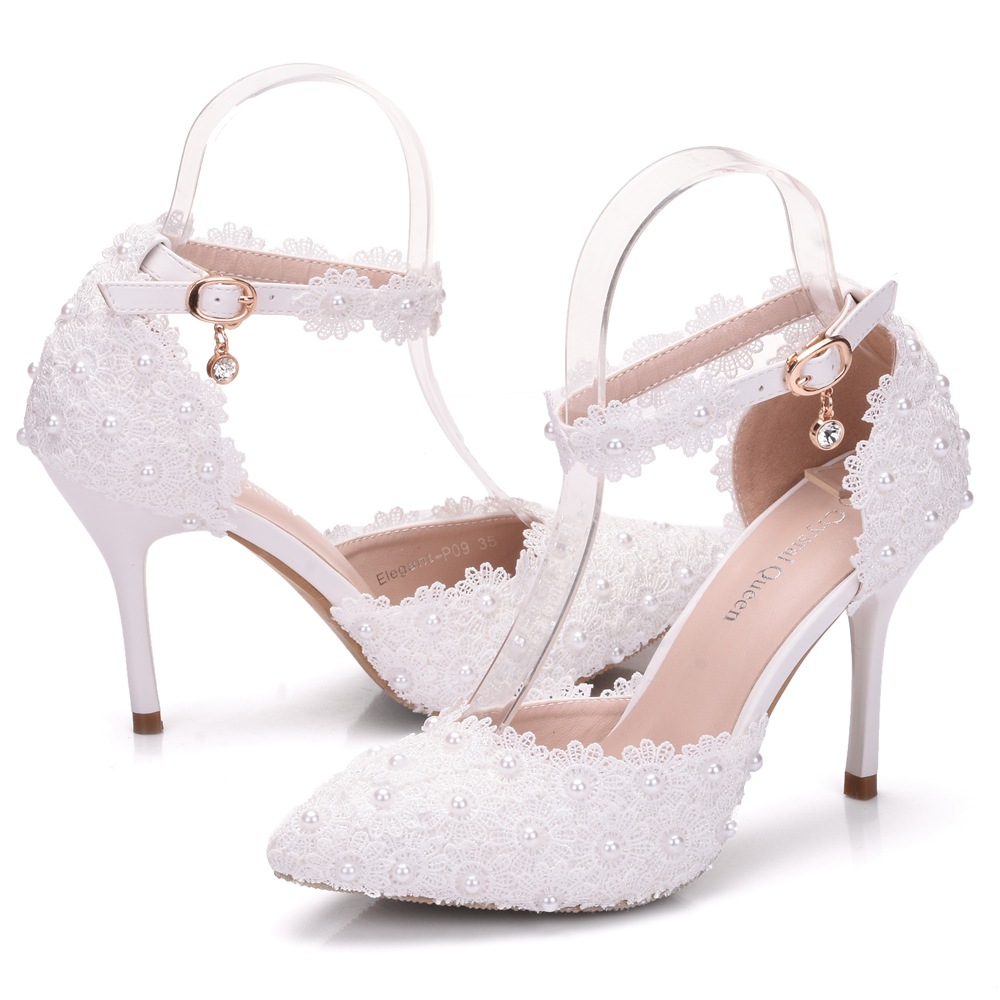 Hot Sale Women Platform Sandals Stiletto High Heels Waterproof Female White Lace Crystal Wedding Shoes Pointed Toe Lace Flower Pearls Pumps