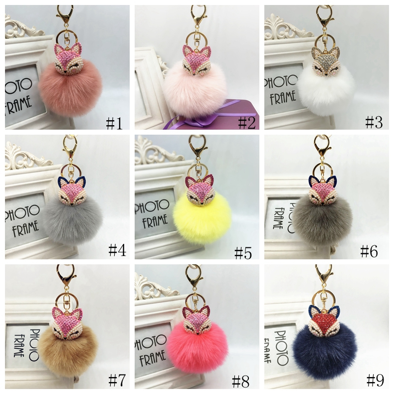 

Fox Fur Keychain Charms Crystal Fox Head Key Ring Fluffy Faux Fur Pom Pom Keychains Bag Car Pendent Party Favor GGA2756