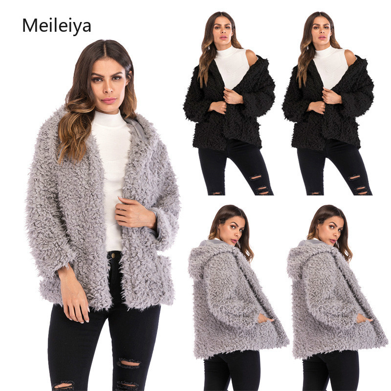 

Europe Plush Hooded Short Coat Women 2019 Autumn and Winter Fashion Long Sleeve Loose Cardigan Warm Coat, Black