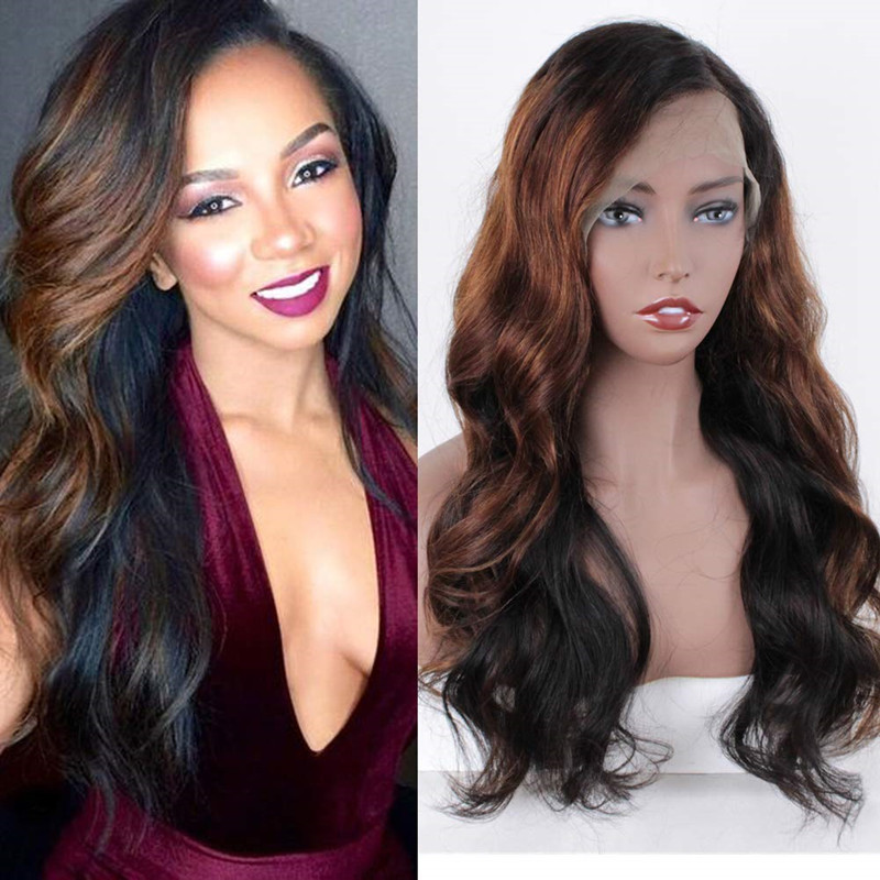 Ombre Human Hair Wigs Body Wave Highlight Brazilian Lace Frontal Wig for Black Women with Baby Hair Bleached Knots Pre Plucked 150% Density-image-502025365