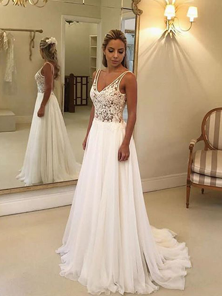 

Beach Wedding Dress Pearls A-Line Applique Lace Chiffon Plus Size Women Bridal Dresses For Guests, White
