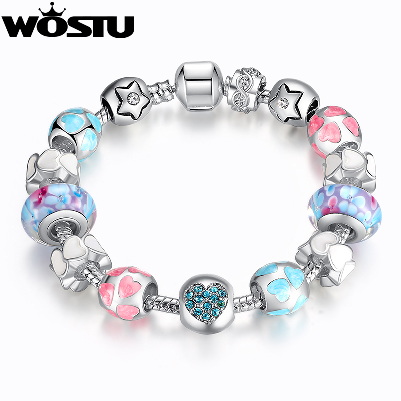 WOSTU European Style Romantic Silver 925 Heart Murano Beads Charm Bracelet for Women Original Bracelets Brand DIY Jewelry Gift C18122801