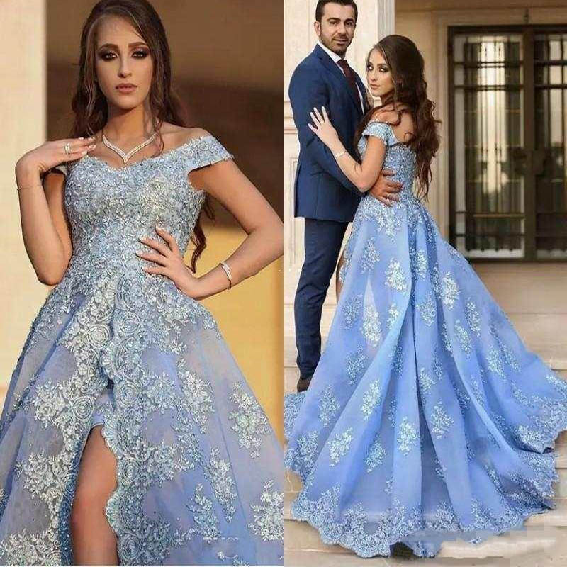 

2020 Light Blue Arabic Evening Dress With Lace Applique Sexy High Split Prom Dress Robe De Soiree, Ivory