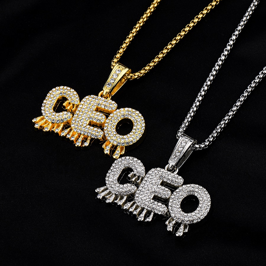 

Fashion Men Charm Rhinestone Letters Iced Out Pendant Designer Necklaces Hip Hop Rap Jewelry 18K Gold Plated 70cm Long Chain Necklace For Mens