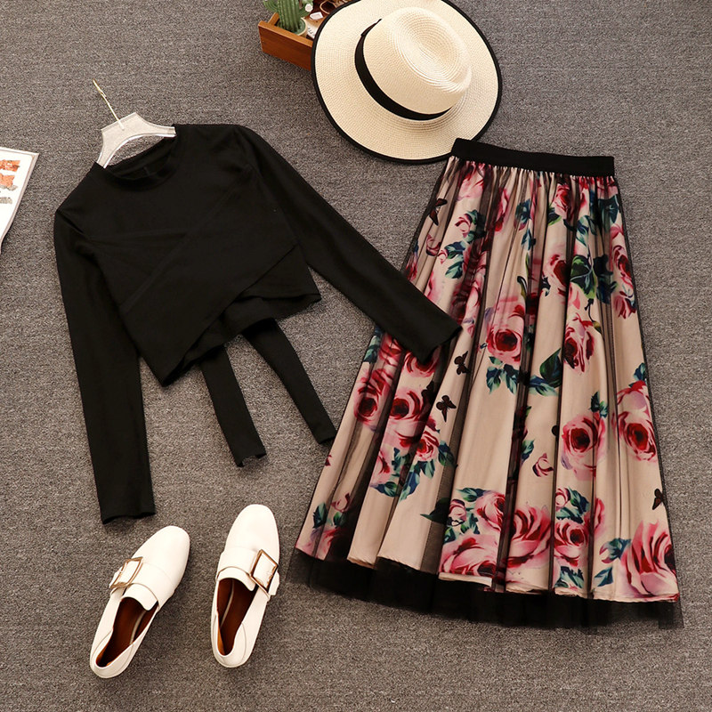 Nouveau 2019 élégant rose 2 pièces ensemble femmes doux croix nœud papillon irrégulier haut court t-shirt + maille florale Tulle longues jupes co
