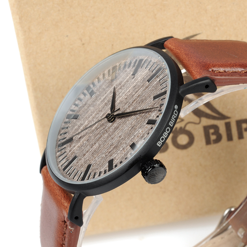 

BOBO BIRD WE25 Mens Watch with Metal Case Wooden Dial Face Soft Leather Band Quartz Watches for Men Women LY191213, Black