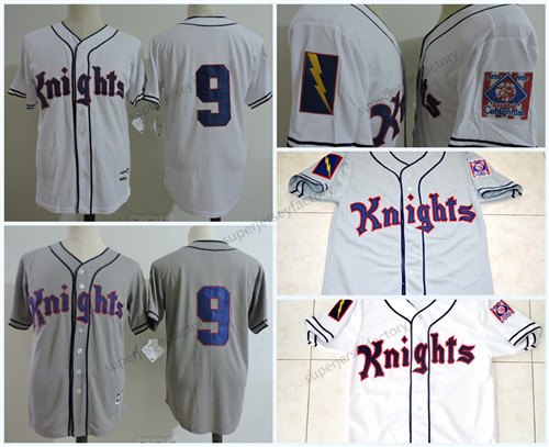 

Mens Knights 9 Roy Hobbs Gray White The Natural Movie Bernard Malamud Stitched The film 1839-1939 Centennial Baseball Jersey, Grey