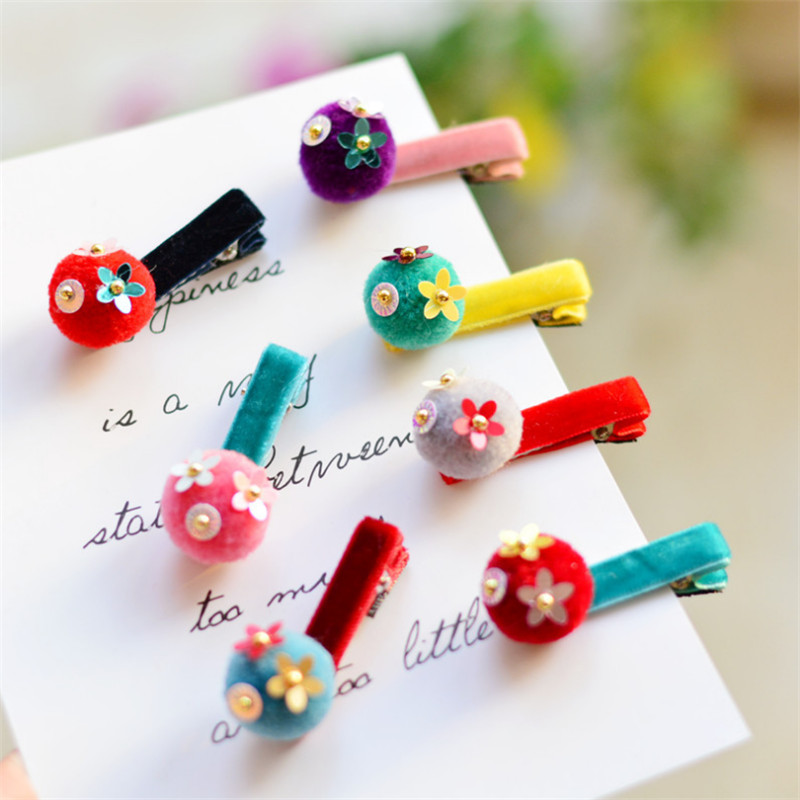 

15pcs/lot Cute Girls Candy Color Pom Pom Hair clips Accessories Velvet Covered Hairpin Kids Headwear Christmas Party Gifts, Red