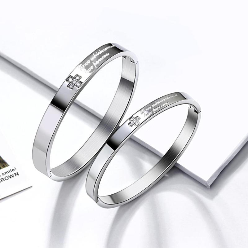 

316L Titnanium steel Bangle set for Couples Cross design Pave Zircon Gent/Lady Sizes Sweetheart Stainless Bangles Sets