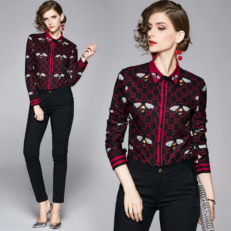 

Super Popular OL Women Casual Office Shirts Long Sleeves 2020 Spring Fall Runway Luxury Print Ladies Designer Blouses Button Slim Tops, Customize
