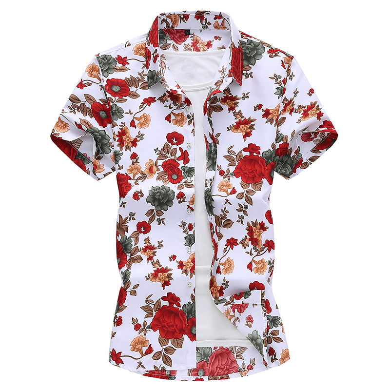 

Bright floral pattern digital print fashion short sleeve shirt Summer New quality cotton camisa masculina luxury men shirt -7XL, As picture