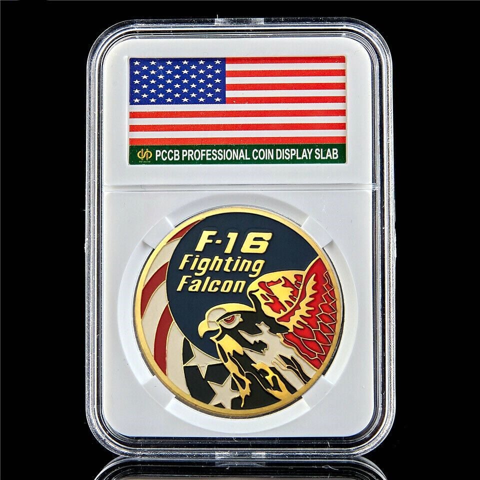 US Challenge Army Coin Combat Aircraft F16 Helicopter Falcon Gold Plated American Eagle Badge W/Pccb Box-image-521816393