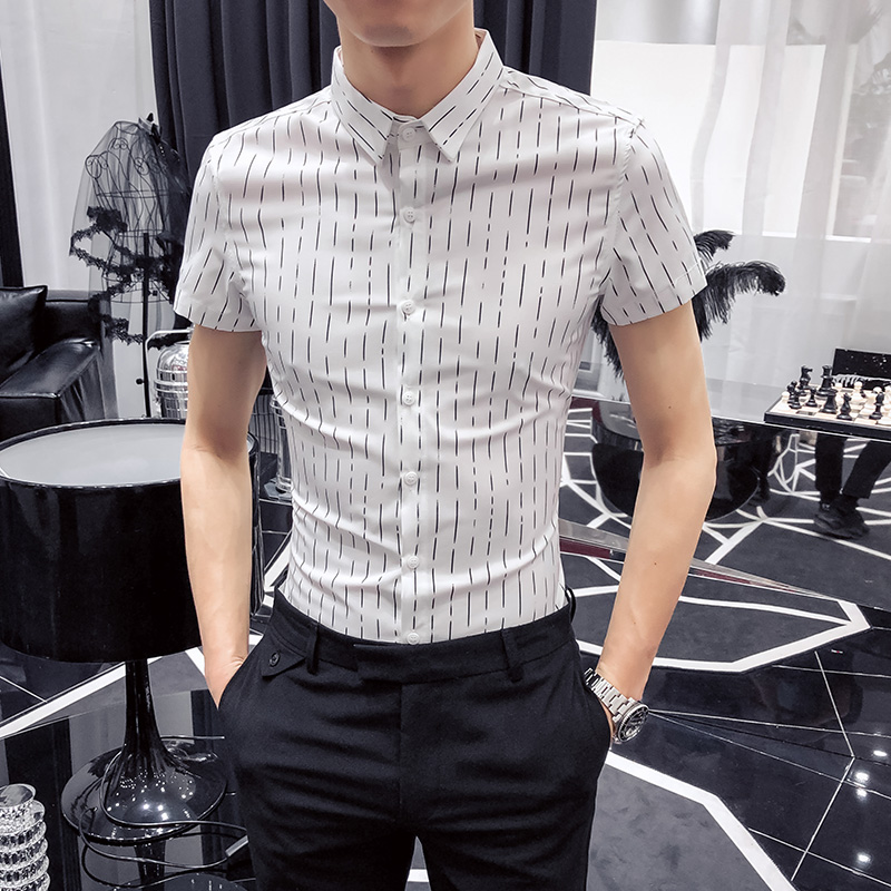 

Summer Simple Short Sleeve Men Shirt Fashion 2020 Young Man Business Formal Wear Striped Shirts Men Slim Fit Casual Work Shirt, Black