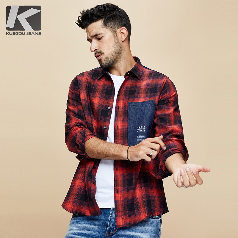 

KUEGOU 2020 Autumn 100% Cotton Plaid Red Shirt Men Dress Button Casual Slim Fit Long Sleeve For Male Brand Blouse Plus Size 6987, Gray
