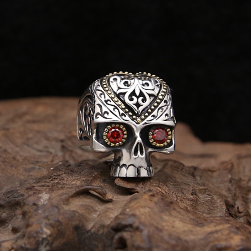 

By Free Shipping Vintage Creative Two-tone 925 Sterling Silver Skull Ring Ruby Inlay Men's Punk Jewelry