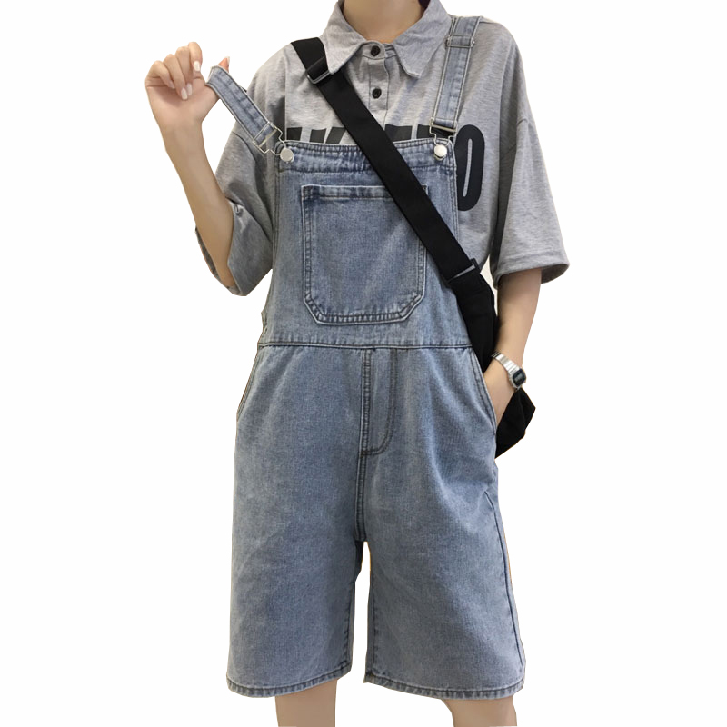 

2020 New gilrs denim overalls with side pockets soft cotton loose short jeans jumpsuits, Blue