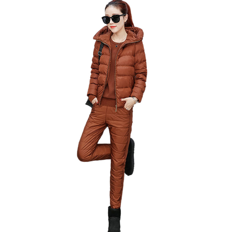 

Fashion Plus size Women Down Cotton Jacket Tracksuit Winter Short Vest Warm Thick T-shirt Female 2017 New Pants Three piece Set, Blue