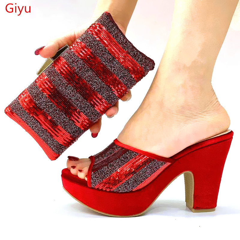 

doershow new red Matching Women Shoe and Bag Set Decorated fashion Nigerian Shoes and Bag Set Italy Shoes HLK1-27, Black