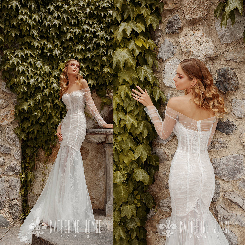 

Katherine Joyce Off Shoulder Mermaid Wedding Dresses Long Sleeve Appliques Lace Wedding Dress Sweep Train Bridal Gown, Chocolate