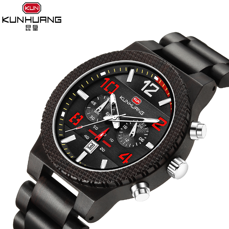 

Wooden Watches Chronograph Men Wristwatches Sport Style Wood Strap Bamboo Quartz Relogio Watch For Men, Black
