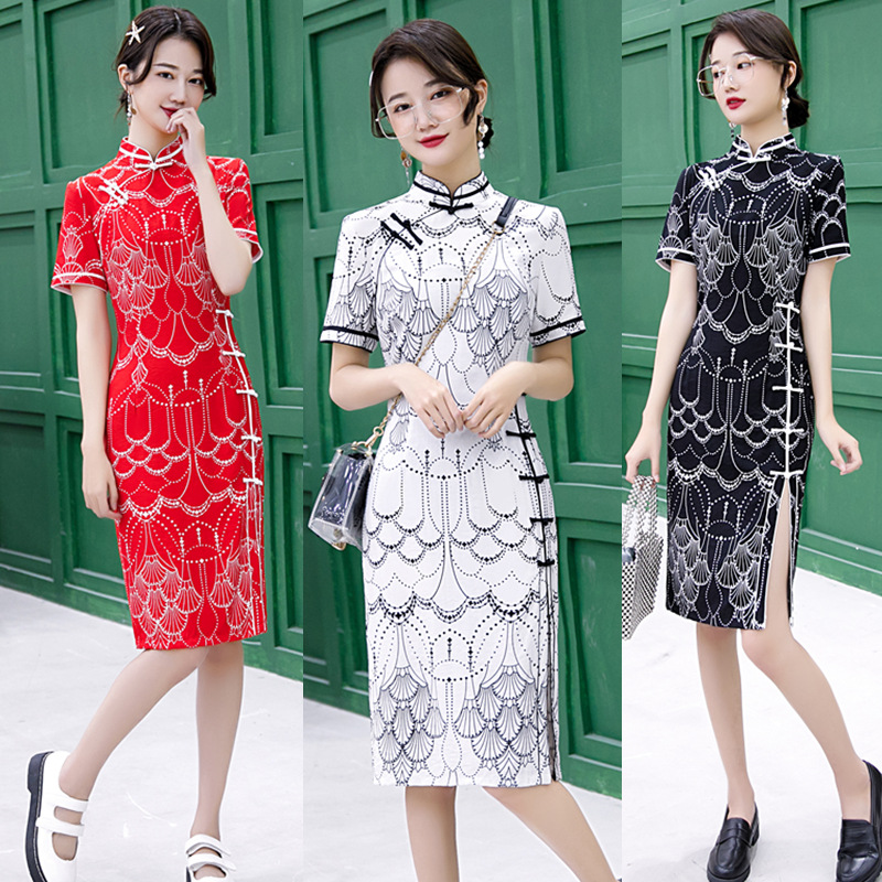 

Cotton Linen Women's Traditional Chinese Cheongsam Dresses Vestido Printed Stand Collar Short Sleeve Qipao Dress Plus Size 3XL