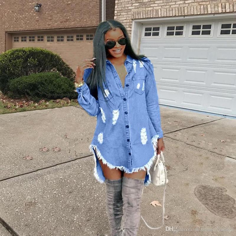 Women Long Sleeve Denim Shirt Dress UK 