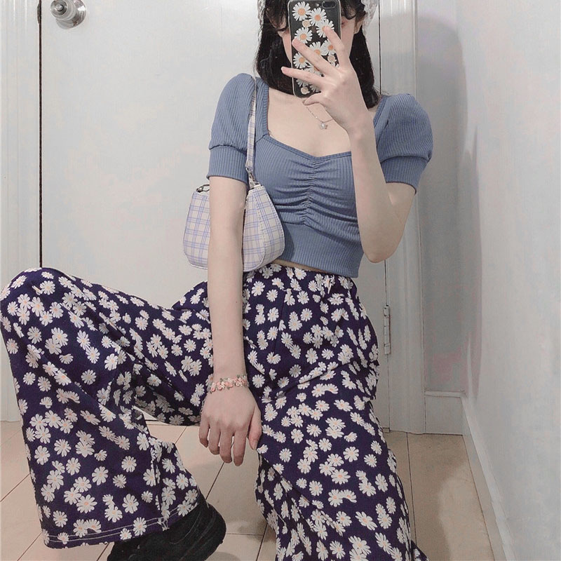 

Pants Women Summer 2020 Daisy Pattern Floral High Waist Straight Trousers Aesthetic Ladies Pants Prairie Chic Elastic Waist, Purple pant