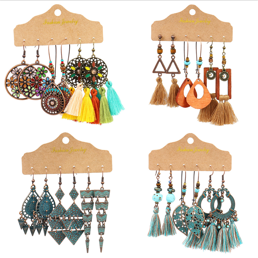 

Women Bohemian Ethnic Style Earrings Braided Tassel Earrings Geometric Dangle Earrings Fashion Jewelry 3 pairs/set