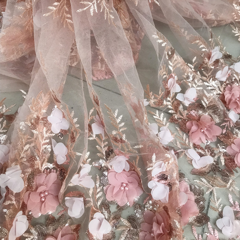 

Flesh pink, beaded sequin embroidery, high-end dresses, three-dimensional flower decals, lace fabrics