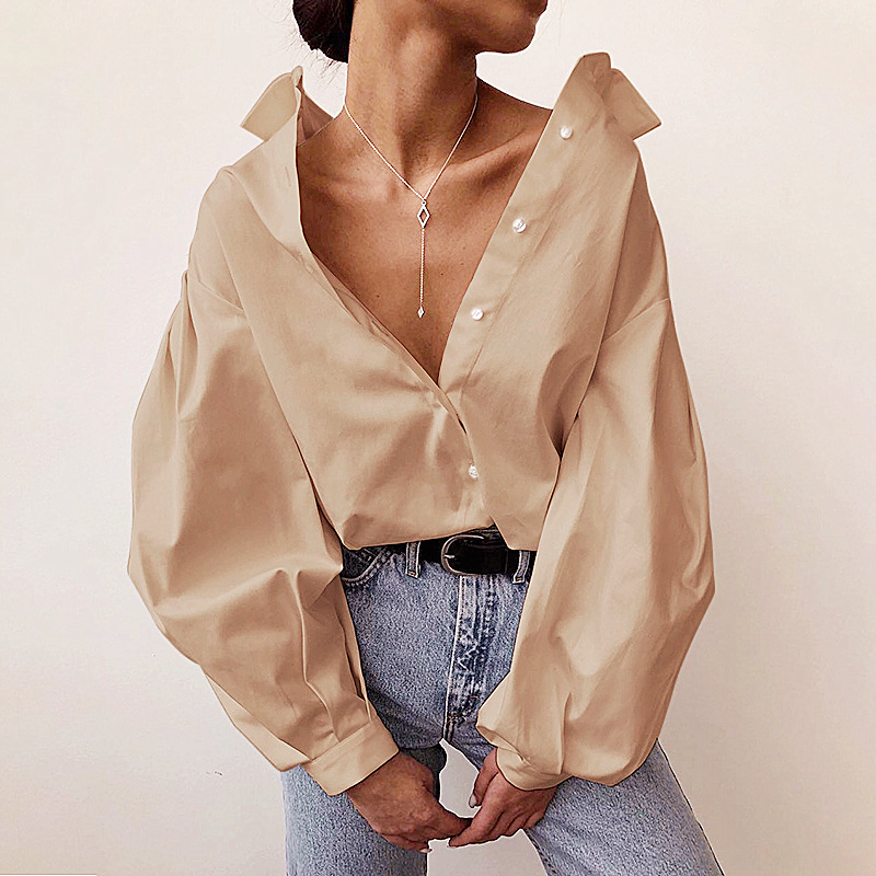 

blouse womens tops and blouses shirt Cotton Office Lady Solid Turn-down Collar lantern Sleeve, As the picture