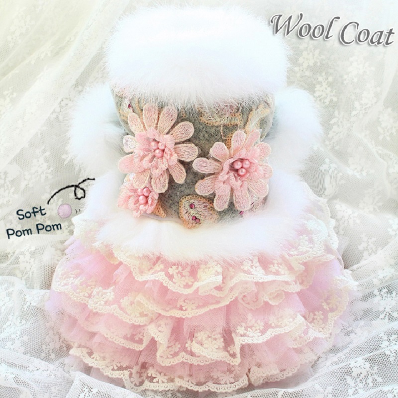

Free shipping dog clothes dresses pet coat dog coat skirt handmade Noble grey wool flower cat apparel winter poodle Maltese, Gray
