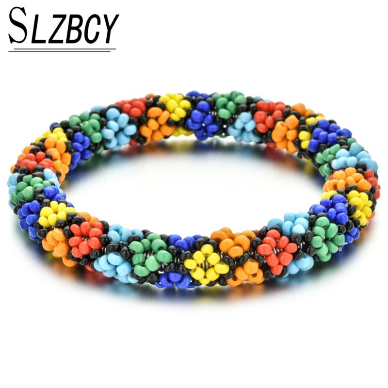 

Charm Bracelets Simple Multi Color Seed Beads Crystal Women Girls Elastic Bangles Silver Alloy Bracelet Boho Ethnic Jewelry