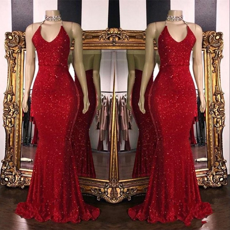 

2020 Sexy Red Sequins Mermaid Long Prom Dresses Halter Beaded Backless Sweep Train Formal Party Evening Dresses BC1085, Daffodil