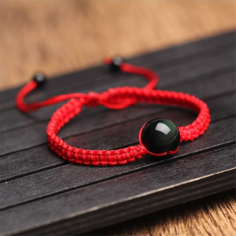 

Energy Bracelets Bangles Natural Black Rainbow Eye Obsidian Bracelet Hand Woven Lucky Red Rope Beads Ball For Couple Men Women